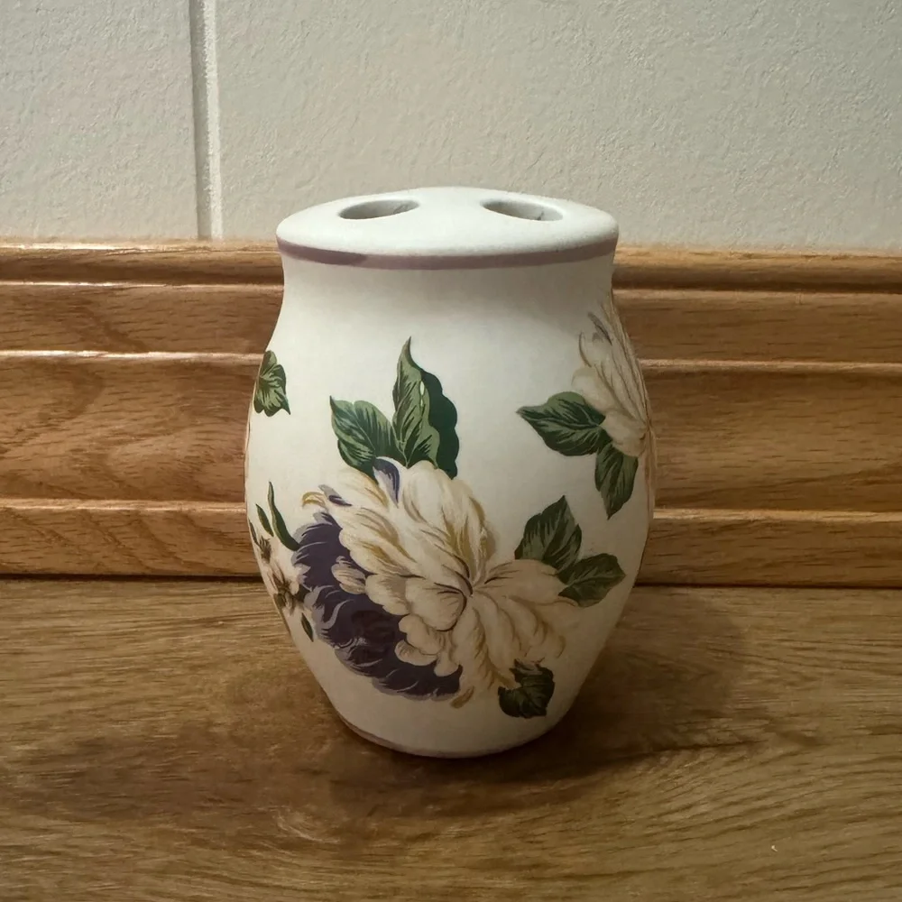 Vintage Floral Porcelain Toothbrush Holder Shabby Chic Vanity Decor